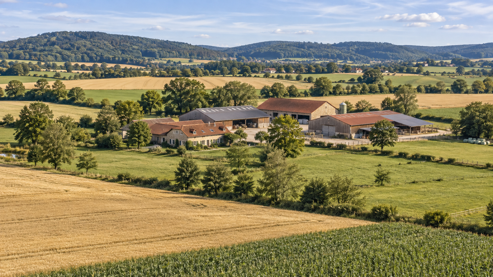Hofstelle mit Wohnhaus, Wirtschaftsgebäuden und landwirtschaftlichen Flächen